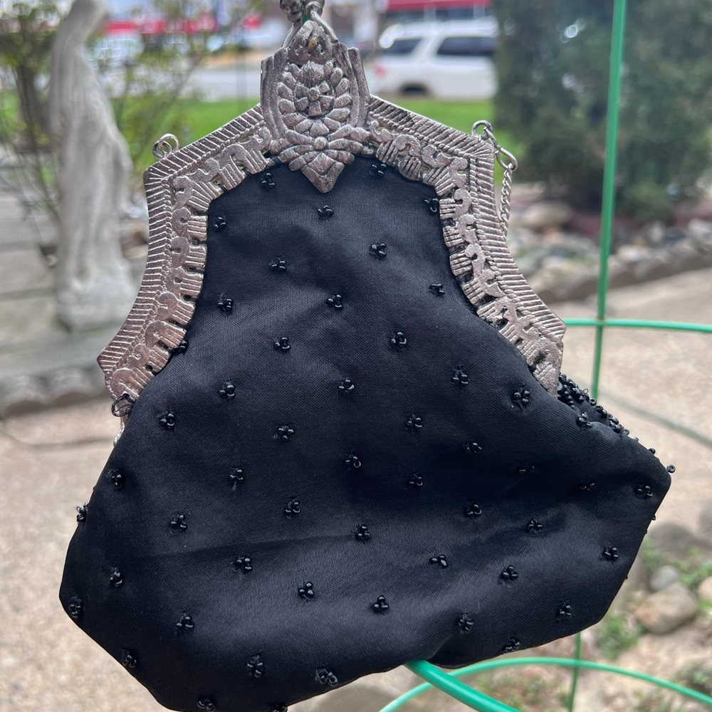 Vintage Evening Bag Purse Black Silk Indian Embroidered both sides